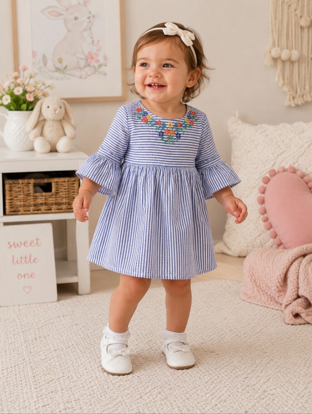 Baby Gap Dress Blue White Pinstripe Embroidered Floral Detail 18-24 M Infant EUC